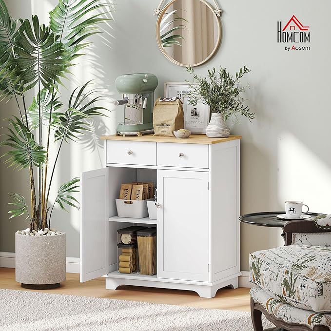 HOMCOM Sideboard with Solid Wood Countertop, Modern Kitchen Storage Cabinet, Coffee Bar Cabinet with 2 Drawers, Doors and Adjustable Shelf, White