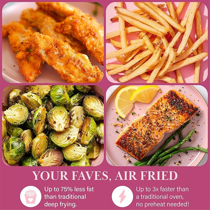 Paris Hilton Air Fryer, Large 6-Quart Capacity, Nonstick Made without PFAS, Touchscreen Display, 8-in-1 (Air Fry, Roast, Broil, Bake, Reheat, Keep Warm, Pizza, Dehydrate), Dishwasher Safe, Pink