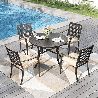 PHI VILLA Outdoor Metal Dining Chairs Set of 4, Black Wrought Iron Stackable Chairs with Cushions, Heavy-Duty Seating Furniture for Patio, Deck, Yard, Porch