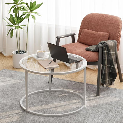 Glass Coffee Table Modern Center Table,Minimalist Coffee Table Sofa Side Tea Table for Living Room,Tempered Glass-top with Sturdy Metal Frame, Easy Assembly, 27 x 27 x 17 Inch,White