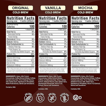 Protein Coffee - 20g Ready To Drink Protein With Real Cold Brew - Original, Vanilla, Mocha - 1g Sugar - 100 Calories - No Added Sugar - 99% Lactose Free - 11 FL OZ - 12pk Variety Pack
