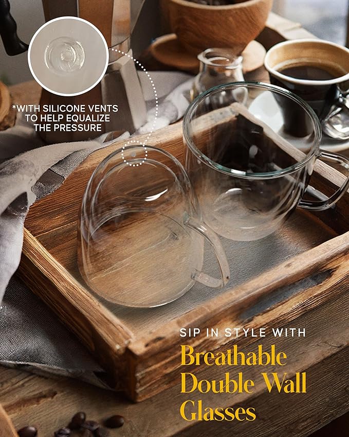 Kitchables Double Walled Glass Coffee Mugs Set of 4, 8oz - Insulated Glass Coffee Mugs for Cappuccino, Latte, Tea, Espresso - Latte Cup - Tazas Para Cafe