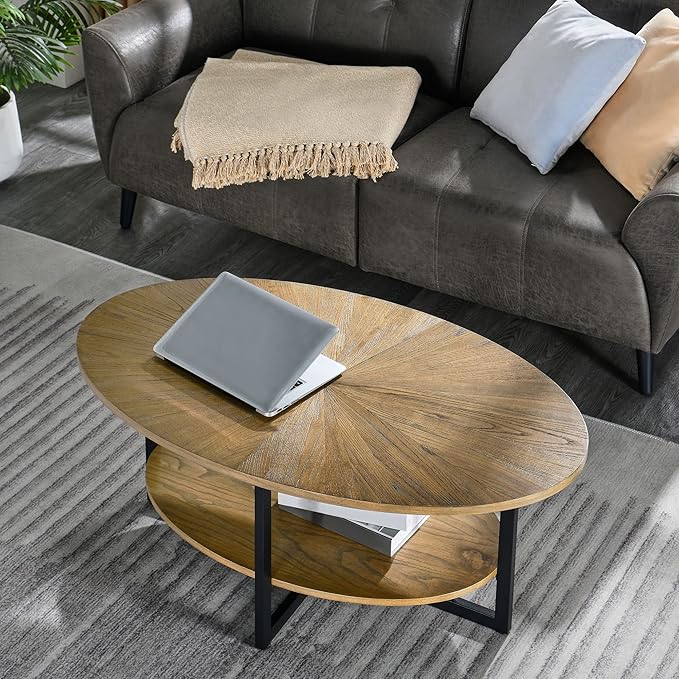Solid Wood Oval Coffee Table with Cross Metal Legs, 43.3in Modern Industrail Center Table with Open Shelf Cocktail Tea Table for Living Room Bedroom, Rustic Nature 1811
