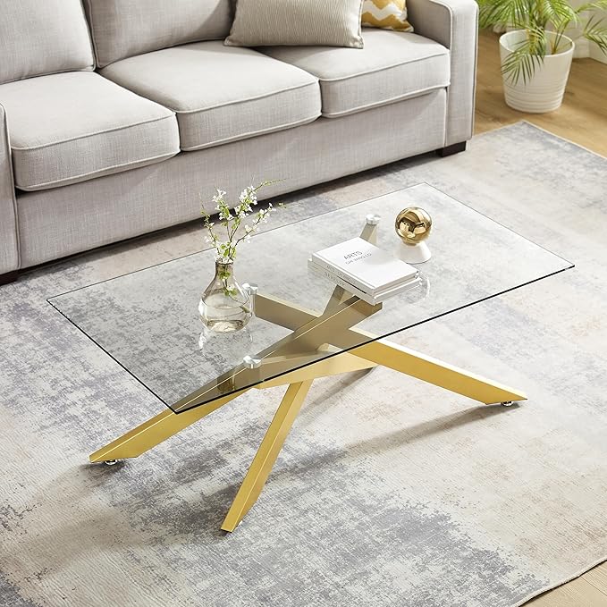 Rectangle Modern Coffee Table, Tempered Glass Top and Metal Tubular Leg, 47.3”Lx23.6”Wx18.1”H, Gold