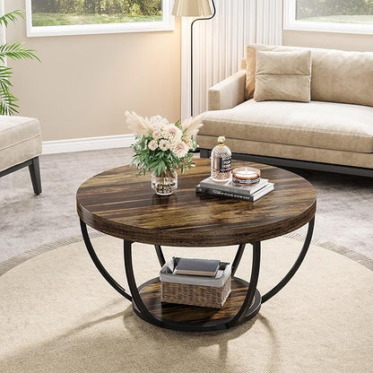 Tribesigns Round Coffee Table, 31.7" Wooden 2-Tier Circle Coffee Table with Storage Shelves, Modern Accent Cocktail Table Center Table for Living Room, Rustic Brown