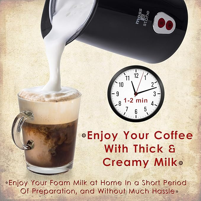 Moss & stone Electric Milk Frother & Steamer for Making Latte, Cappuccino, Hot Chocolate, Automatic Cold Hot Milk Frother & Warmer, Foam Maker, Auto Shut-Off, Detachable Base & Non-Stick Interior