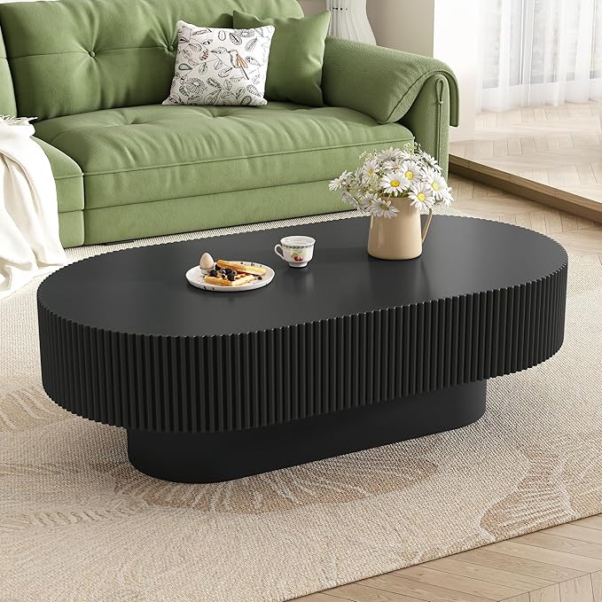43.3 Inch Oval Drum Coffee Table, Modern Handcraft Fluted Drum Coffee Table, Wooden Oval Center Table Cocktail Table with Stable Pedestal for Living Room Apartment (Black)