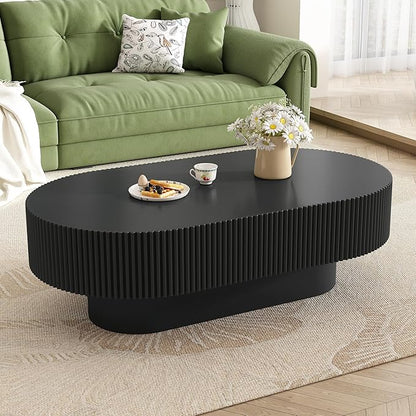 43.3 Inch Oval Drum Coffee Table, Modern Handcraft Fluted Drum Coffee Table, Wooden Oval Center Table Cocktail Table with Stable Pedestal for Living Room Apartment (Black)