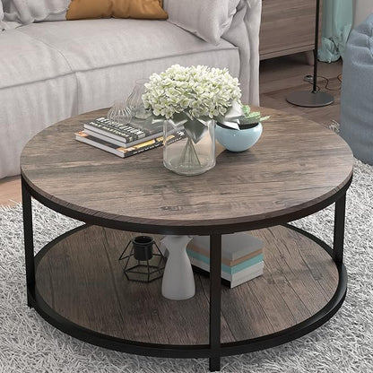 NSdirect Round Coffee Table, 36” Coffee Table for Living Room, 2-Tier Wood Desktop & Sturdy Metal Legs Table Home Furniture with Storage Shelf (Walnut)