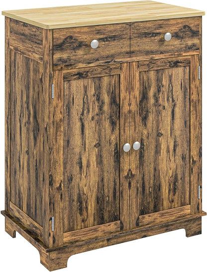 HOMCOM Sideboard with Solid Wood Countertop, Modern Kitchen Storage Cabinet, Coffee Bar Cabinet with 2 Drawers, Doors and Adjustable Shelf, Rustic Brown