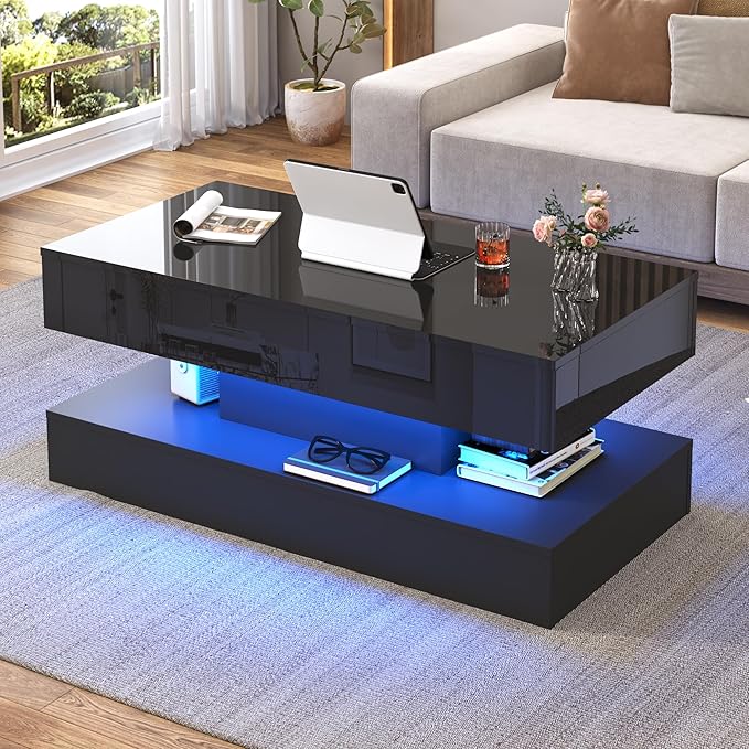 39.4" Large Lift Top Coffee Table,Modern High Glossy LED Coffee Tables for Living Room with Storage,Black Living Room Tables for Living Rooms,Dining Room,Bedroom Home Office,APP LED Lights（Black）