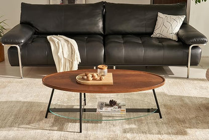 Shrine Glass Coffee Table, Black Walnut Table for Living Room, Glass and Wood Table, 43.3" D x 21.6" W x 15.7" H, Clear Glass Base, Walnut Wood Top&Black Metal Frame