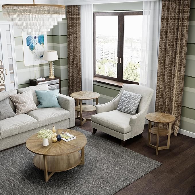 PADMA HOUSE 33.5" Round Wood Coffee Table, 2-Tier Solid Wood Rounded Circle Accent Coffee Table Center Cocktail Table Vintage Furniture for Home Living Room Bedroom,Yellowish Brown 3338