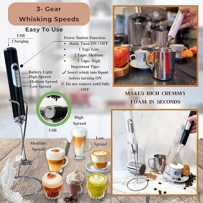 Milk Frother Handheld Rechargeable 3-Speed Electric Frother Wand Whisk Foam Maker Drink Mixer with Stand, 2 Whisks, Spice Shaker, Art Stencils, Art Pen for Coffee Latte, Cappuccino, Black
