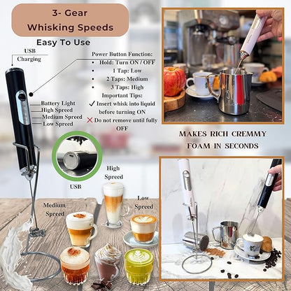 Milk Frother Handheld Rechargeable 3-Speed Electric Frother Wand Whisk Foam Maker Drink Mixer with Stand, 2 Whisks, Spice Shaker, Art Stencils, Art Pen for Coffee Latte, Cappuccino, Black