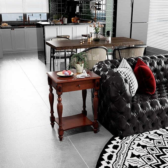 Solid Wood Retangle End Table with Drawer and Storage Shelf, 28"H Traditional Vintage Side Table Polished Edging Sofa Table Bedside Nightstand for Living Room Bedroom Home, Cherry Walnut GBJ-1533-WD