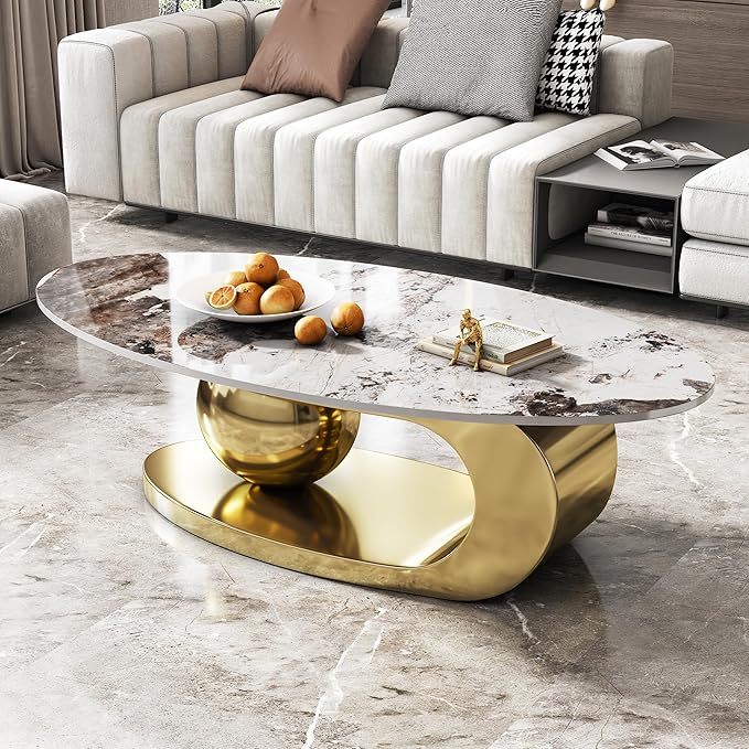 Modern Coffee Table with Gold Stainless Steel Pedestal,Oval Living Room Table with Faux Marble Top,Sintered Stone Cocktail Center Table Marble Grain,51.20inch