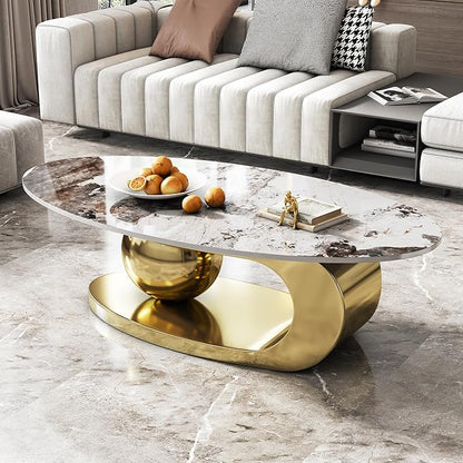 Modern Coffee Table with Gold Stainless Steel Pedestal,Oval Living Room Table with Faux Marble Top,Sintered Stone Cocktail Center Table Marble Grain,51.20inch