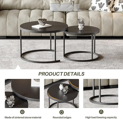 Round Nesting Coffee Table, Black Modern Decorative Coffee Center Table Set of 2, Sintered Stone Coffee Table for Living Room with Sturdy Metal Frame.