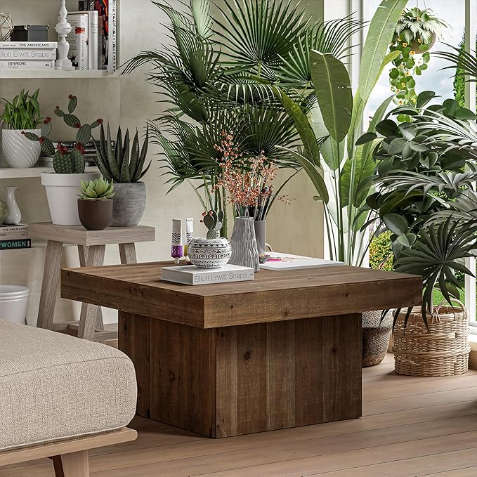 Modern Farmhouse Wood Block Coffee Table, Rustic Square Table Chunk Table with Cubic Base for Family, Living Room, Lounge, Nature Wood Finish, Sturdy, Distressed, Rectangle