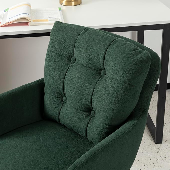 Flannel Office Chair, Comfy Home Office Desk Chairs with Lumbar Support, Modern Velvet Desk Chair Gold Legs Small Swivel Task Chair for Home Office, Bedroom, Study (Green, L)