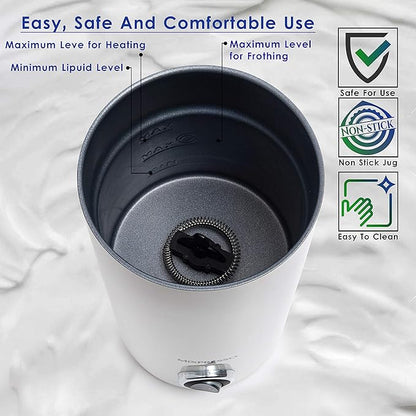 Mixpresso Electric Milk Frother, Stainless Steel Milk Steamer & Milk Warmer, Automatic Shutoff, Non-Stick Interior, Cool Touch, 9.4 oz/6.0oz Capacity, White Electric Frother