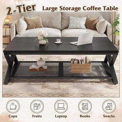 EnHomee Coffee Table with Storage, Modern Coffee Tables for Living Room with Mesh Shelf, 2 Tier Rectangular Center Table for Living Room, Bedroom, 47.2 Inch, Black Oak