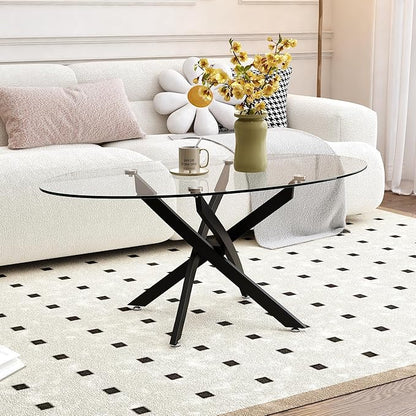 Oval Coffee Table Modern Living Room Table with Tempered Glass Top and Black Metal Legs Contemporary Stylish Center Table Tea Table for Living Room Office