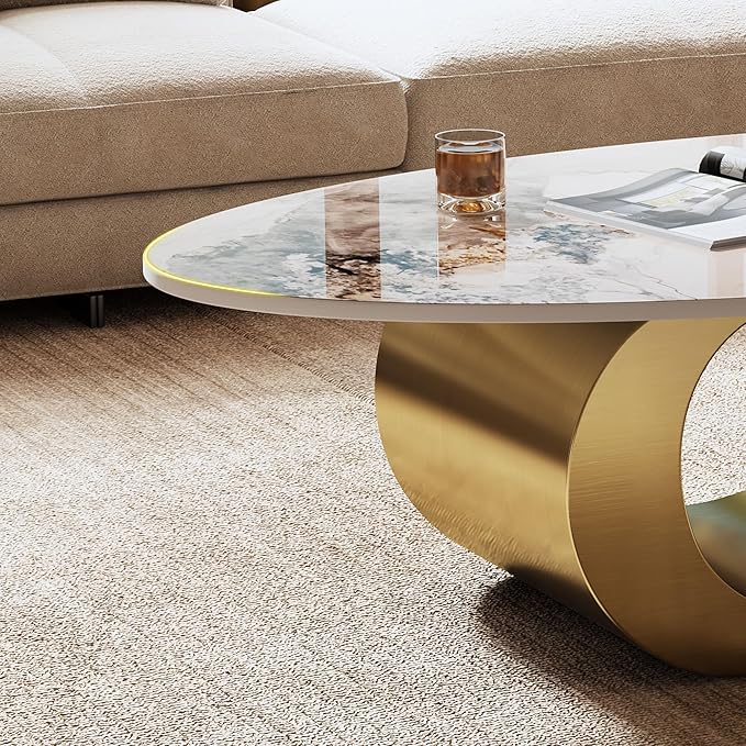 Marble Grain Coffee Table with Gold Stainless Steel Pedestal,Modern Coffee Tables,Oval Living Room Table with Faux Marble Top & Luxury Legs,Sintered Stone Cocktail Center Table,49.2 inch