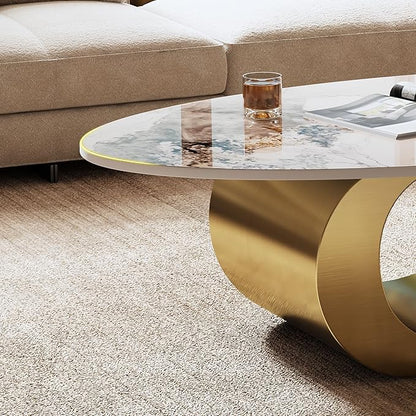 Marble Grain Coffee Table with Gold Stainless Steel Pedestal,Modern Coffee Tables,Oval Living Room Table with Faux Marble Top & Luxury Legs,Sintered Stone Cocktail Center Table,49.2 inch