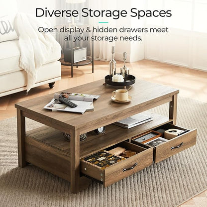 LINSY HOME Farmhouse Coffee Table with Storage, Wood Coffee Table for Living Room, Open Display Area and Storage Drawers with Metal Handles, Chic Style with Curved Base, Brown
