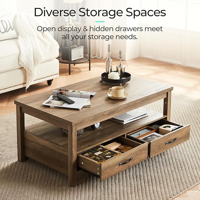 LINSY HOME Farmhouse Coffee Table with Storage, Wood Coffee Table for Living Room, Open Display Area and Storage Drawers with Metal Handles, Chic Style with Curved Base, Brown