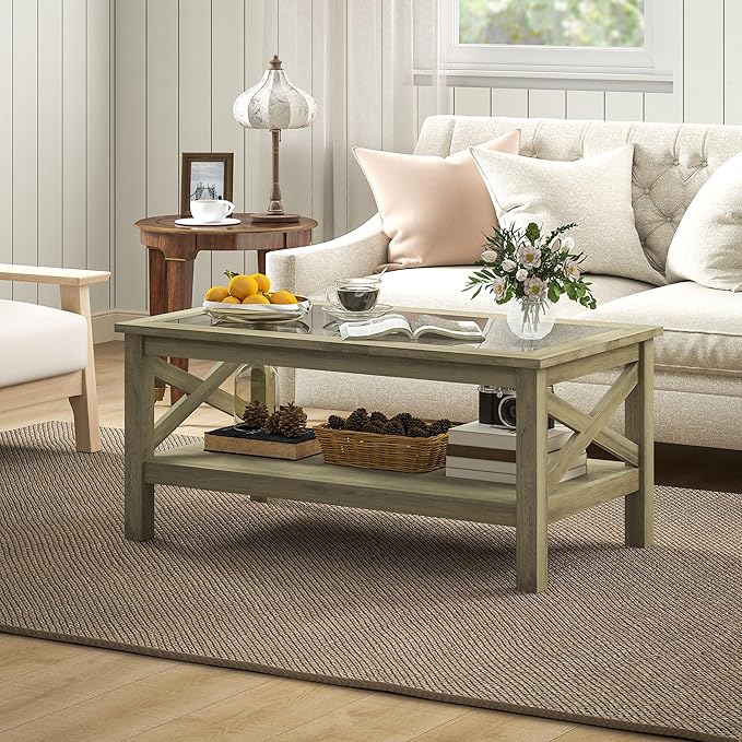 HOMCOM Glass Coffee Table, Modern Farmhouse Center Table with Storage, Side Table for Living Room with Classic X-Bar Style Sides, Gray