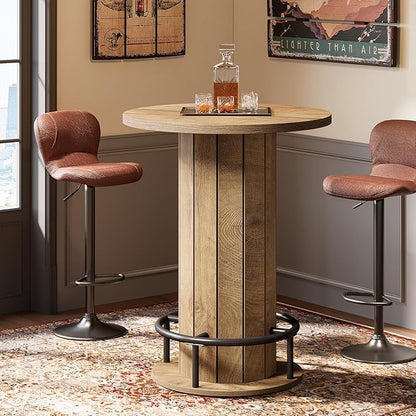 Tribesigns Round Bar Table, 39.4" H Wood Bistro Pub Table with Metal Ring Footrest for Dining Coffee Cocktail Living Room, Small Space, Light Brown(Only Table)