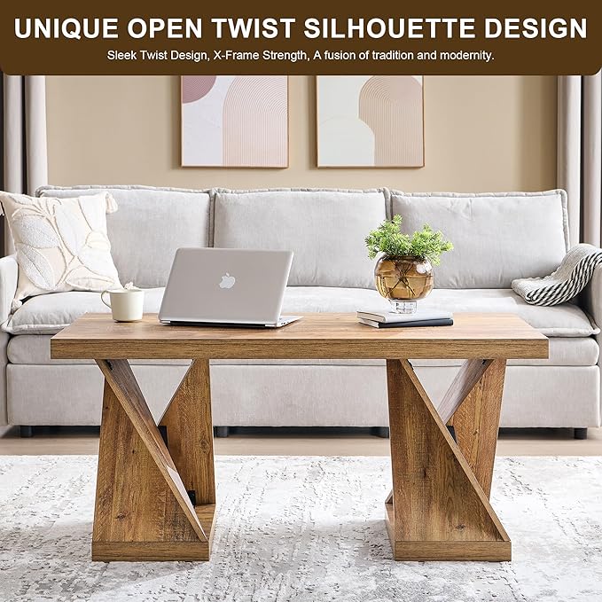 OKD Modern Coffee Table, 48" Twisted Center Table with Wood Thickened Pedestal, Rectangular Rustic Living Room Table, Farmhouse Storage Low Cocktail Tea Table,Golden Rustic Barnwood