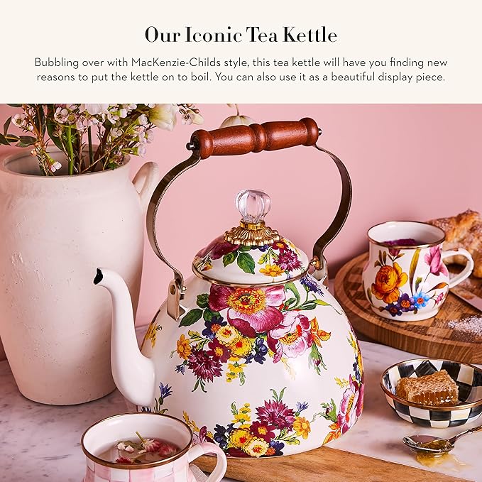 MACKENZIE-CHILDS Enamel Tea Kettle, Stylish Tea Kettle for Stovetop, White Flower Market, 3 Quarts