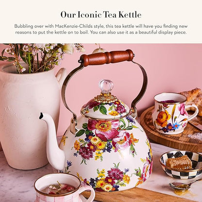 MACKENZIE-CHILDS Enamel Tea Kettle, Stylish Tea Kettle for Stovetop, White Flower Market, 3 Quarts