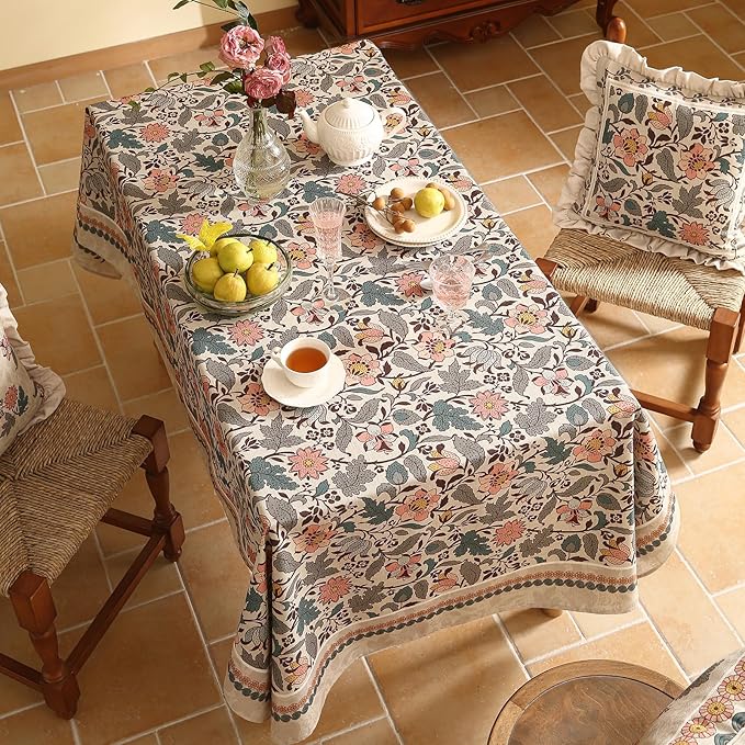 Designer Boho Floral Long Rectangle Tablecloth,Linen Lotus Flower Pattern Colorful Indoor Table Cloth,Durable Decor Tablecloths for Dining Thanksgiving Kitchen Christmas,63"*94"-Hazel A