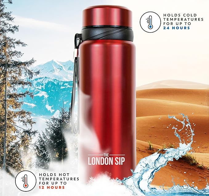 London Sip 25 oz Multi-Function Travel Mug and Tumbler Tea Infuser Water Bottle Fruit Infuser Flask Hot and Cold Double Wall Stainless Steel Coffee Thermos, Sacred Red