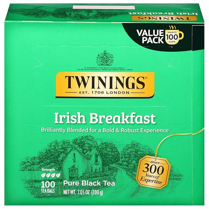 Twinings Irish Breakfast Black Tea Individually Wrapped Bags, 100 Count (Pack of 1), Flavourful, Bold, and Robust, Caffeinated, Enjoy Hot or Iced, 100 Teabags
