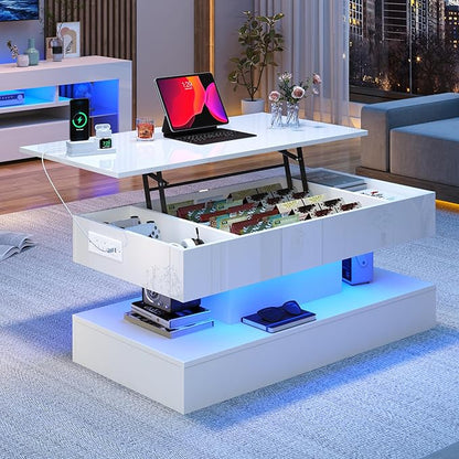 39.4" Large Lift Top Coffee Table,Modern High Glossy LED Coffee Tables for Living Room with Storage,Black Living Room Tables for Living Rooms,Dining Room,Bedroom Home Office,APP LED Lights（White）