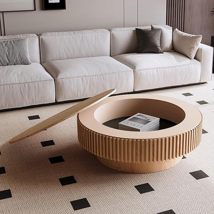 39 Inch Round Drum Coffee Table with Storage, Modern Handcraft Fluted Drum Coffee Table, Wooden Round Cocktail Tea Table Center Table with Sturdy Pedestal for Living Room Apartment (Natural)