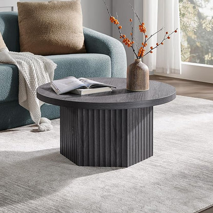 SICOTAS Round Coffee Table for Living Room, Mid Century Modern Fluted Center Coffee Table with Storage, 32" Circle Accent Tea Dining Table for Apartment, Dark Grey Alder