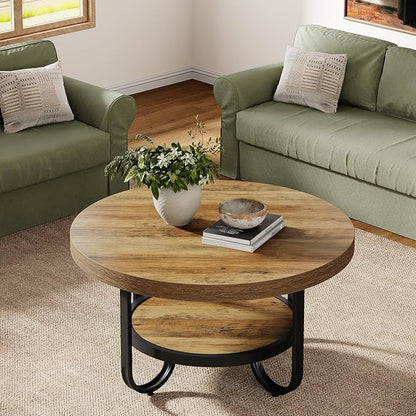 Tribesigns Round Coffee Table, 31.5" Modern Wood Circle Center Table with Storage Shelf and Metal Frame, 2-Tier Industrial Accent Cocktail Table for Living Room, Small Space, Apartment, Brown