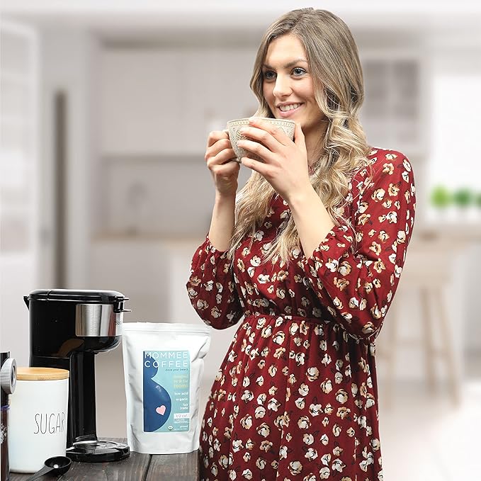 Mommee Coffee Half Caf Ground Low Acid Coffee - 100% Arabica Organic Coffee Beans with Smooth Caramel Flavor - Medium Grind for Drip, Reusable One Cup Filters - 11 oz