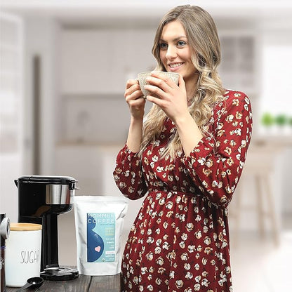 Mommee Coffee Half Caf Ground Low Acid Coffee - 100% Arabica Organic Coffee Beans with Smooth Caramel Flavor - Medium Grind for Drip, Reusable One Cup Filters - 11 oz