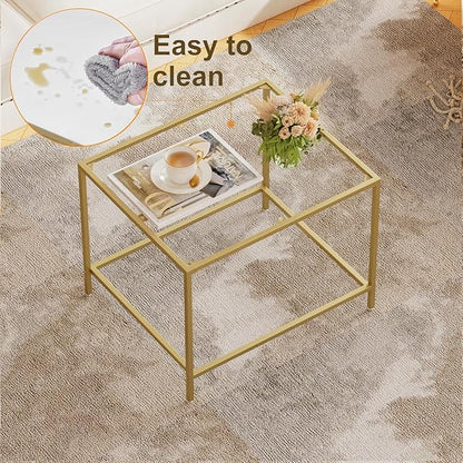 Glass Coffee Table, Modern Rectangular Coffee Table for Living Room, Minimalist Center Tea Table with Sturdy Metal Frame for Apartment, Office, Easy Assembly, 23.6 x 19.7 x 17.7 Inches, Golden