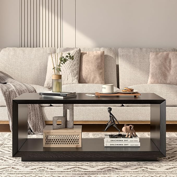 Coffee Table with Storage, Mid Century Modern, Rectangle Cocktail Tea Table, Farmhouse Wood Coffee Table for Living Room, Home Office (Black)