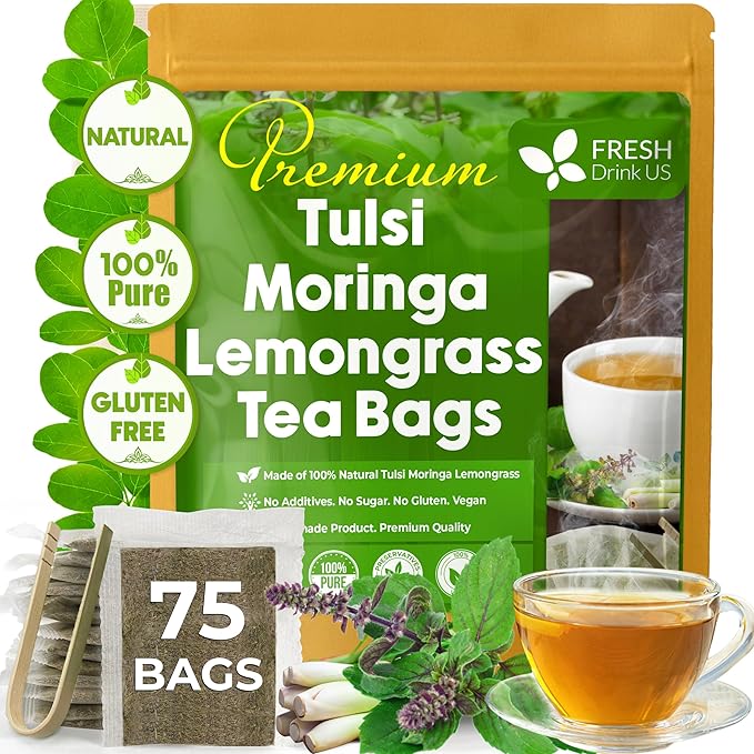 FreshDrinkUS, Premium 75 Tea Bags Tulsi Moringa Lemongrass, 100% Natural & Pure from Tulsi Holy Basil Leaves, Moringa & Lemongrass. Made with Natural Material Tea Bags. No Sugar, No Caffeine, Vegan.