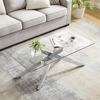 Rectangle Modern Coffee Table, Tempered Glass Top and Metal Tubular Leg, 47.3”Lx23.6”Wx18.1”H, Silver